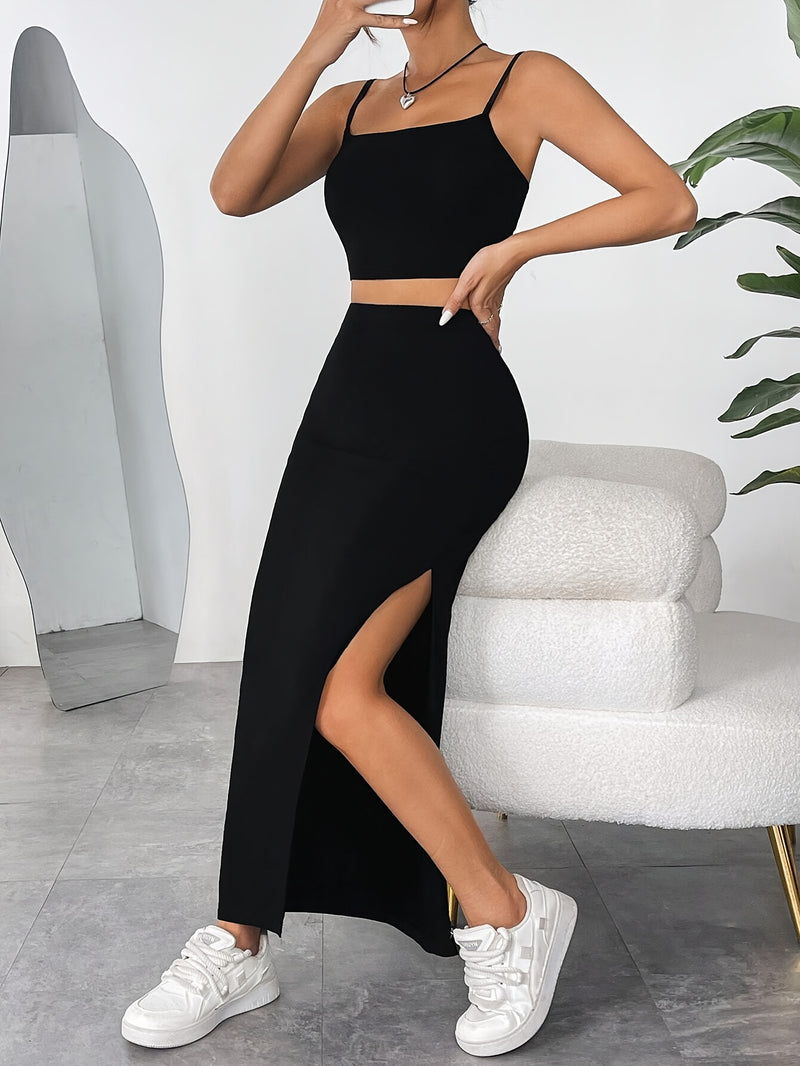 Women's Stylish Solid Color Camisole And Split Skirt Set, Party Evening Wear.