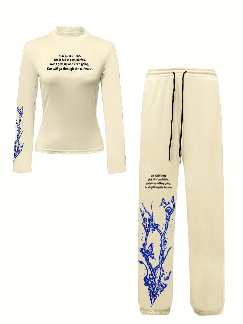 Women'S Elegant Butterfly & Lightning Print High Neck Long Sleeve.