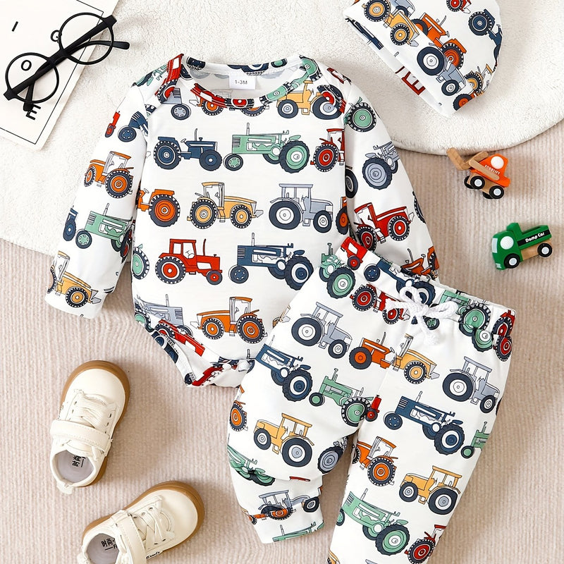Boys' Cute Cartoon Tractor All-Over Print Romper and Comfortable Pants.