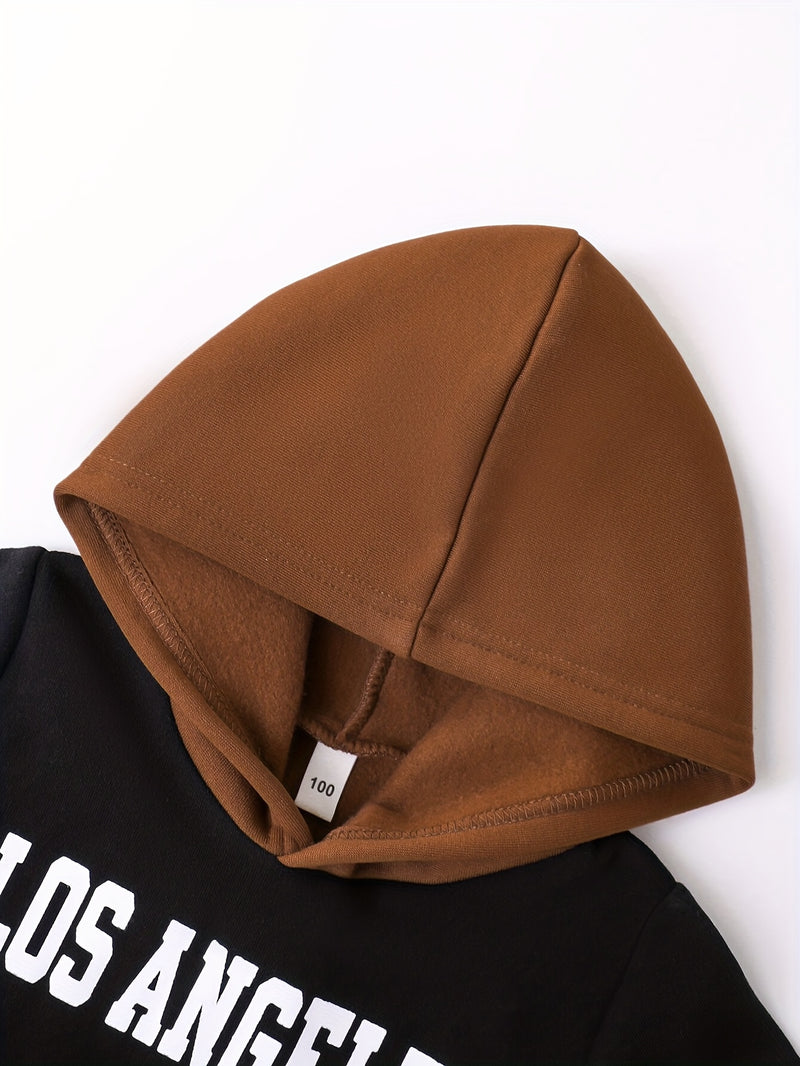 2pcs Boys Autumn/Winter Fleece-Lined Hooded Sweatshirt and Pants Set.