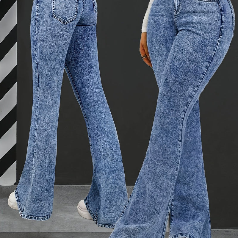 Women’s Blue Snowflake Stretch Fashion Flared Jeans.