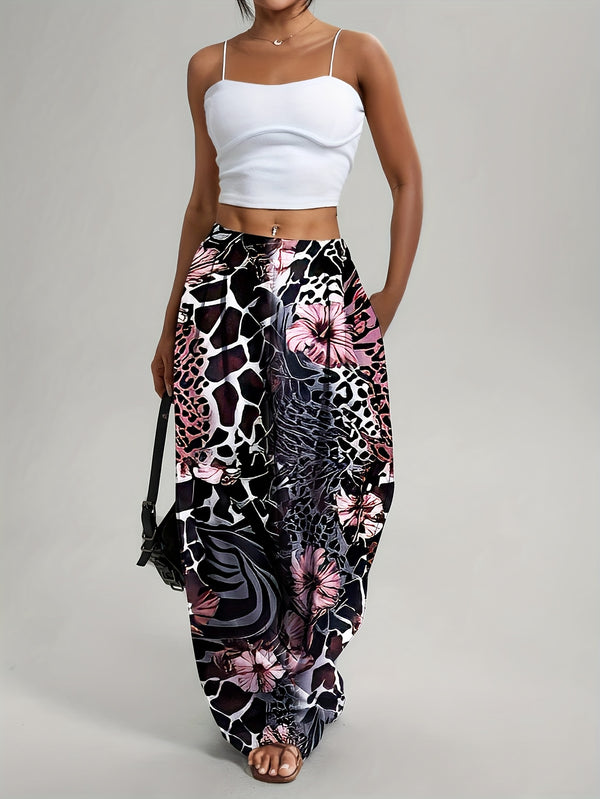 Women's Bohemian Floral & Animal Print High-Waisted Wide-Leg Pants.