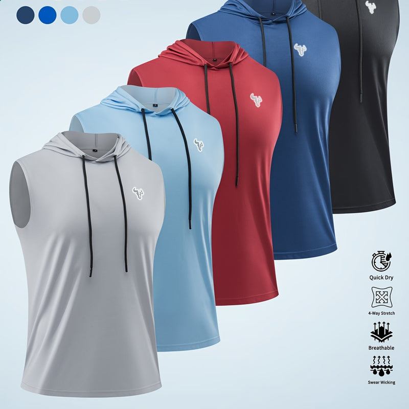 5pcs Solid Color Breathable Men's Sleeveless Hooded Tank Tops.