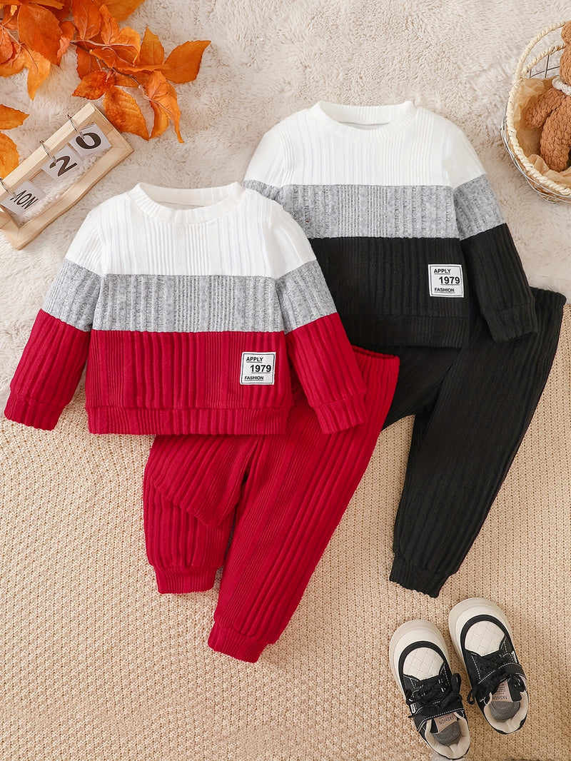 4pcs Children's -lined Color-blocked Irregular Ribbed Long-sleeve and Long-pants.