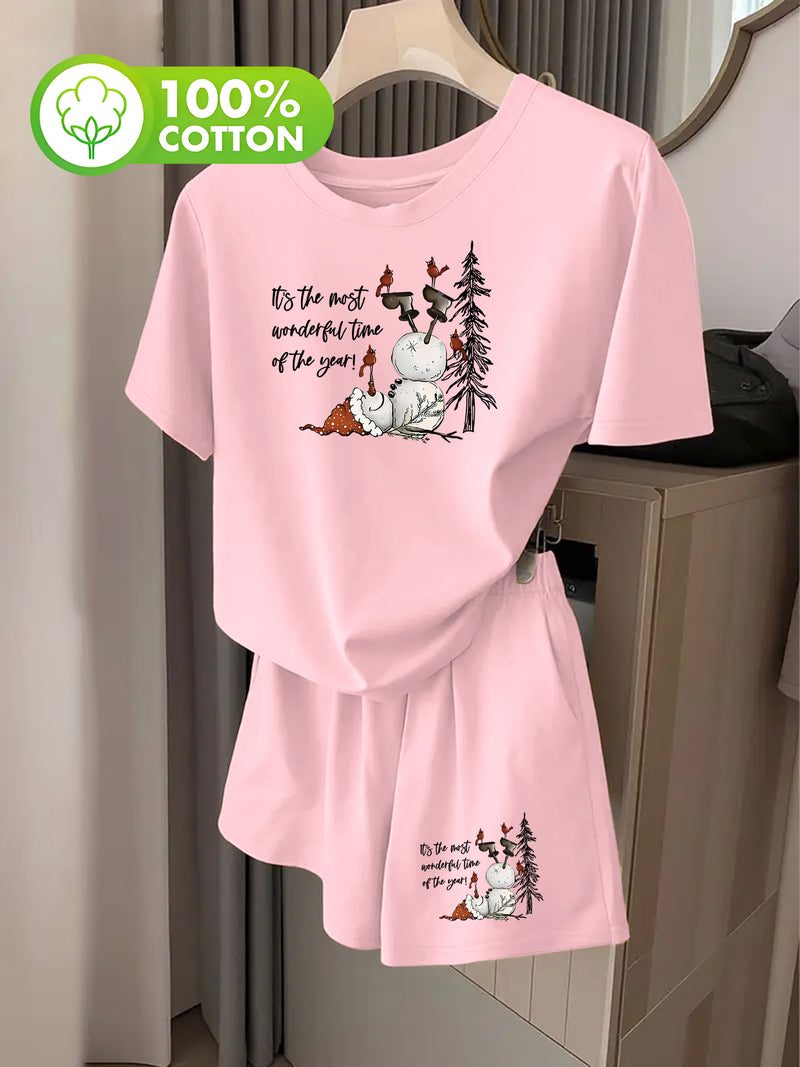 Women's Stylish Christmas Snowman Printed Short-Sleeve And Shorts Set.