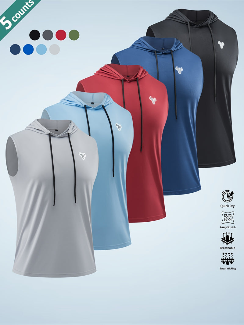 5pcs Solid Color Breathable Men's Sleeveless Hooded Tank Tops.
