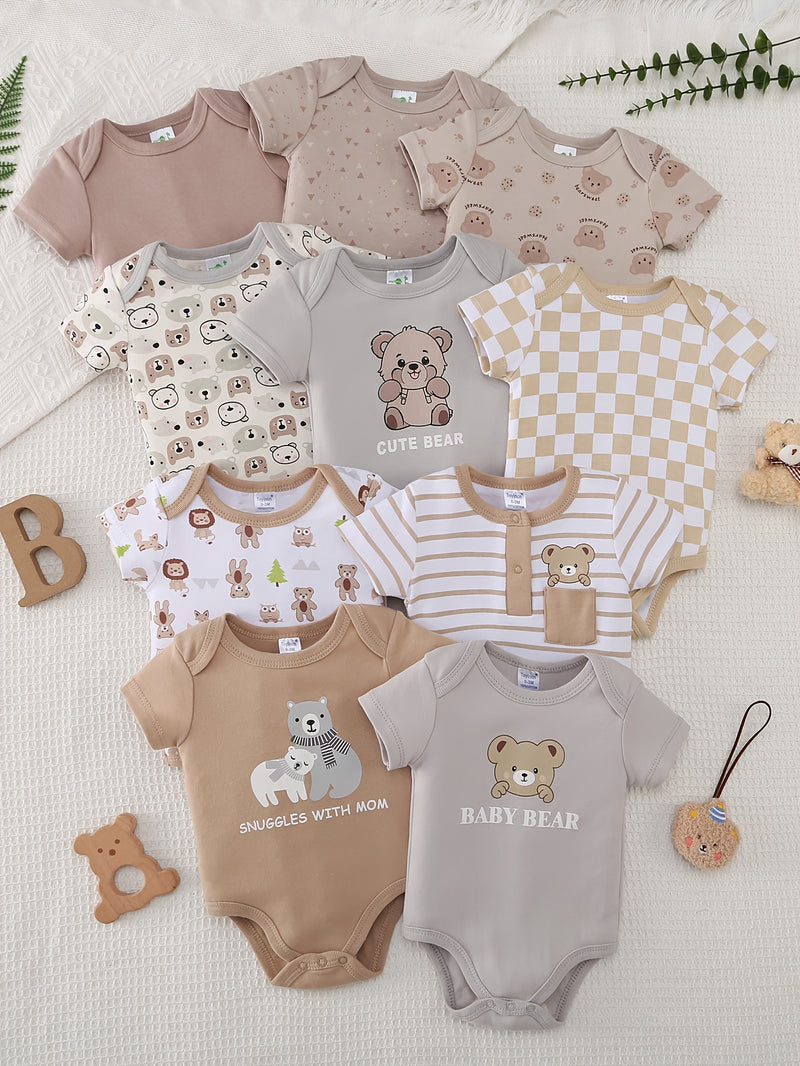 10pcs Boys' Onesies Set - Short Sleeve Snap-Fit Rompers with Bear & Animal Print.