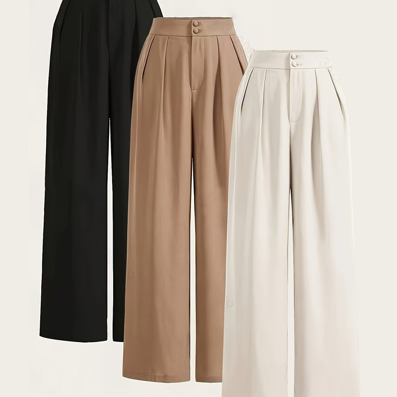 Women’s 3pcs Set Wide-Leg Pants, High-Waist with Double Buttons.