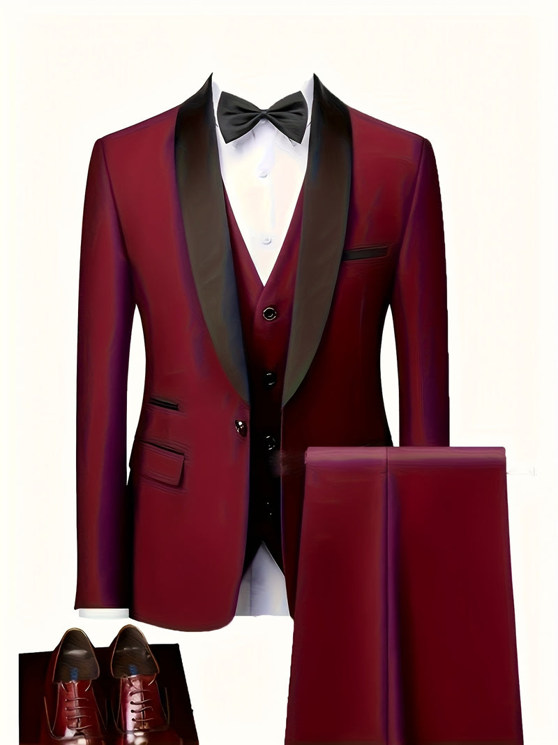 Men's 3pcs Suit with Notch Lapel, Business Formal Set, Includes Jacket.