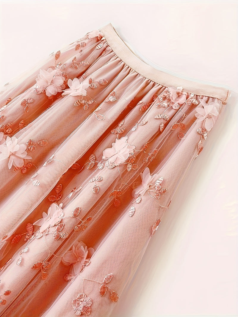 Women’s Double-layer Mesh Flared A-line Embroidered Floral Skirt.