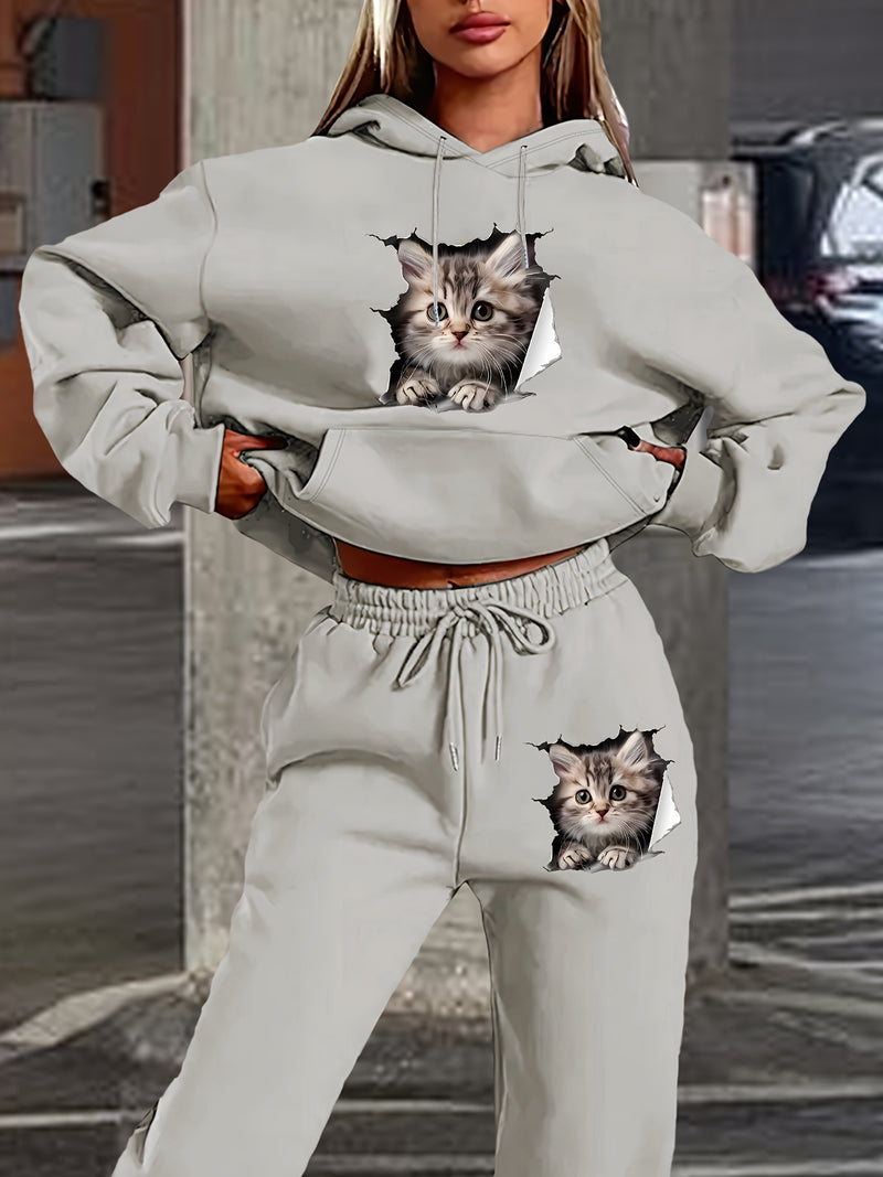 Women's Polyester Hooded Tracksuit with Cat Print.