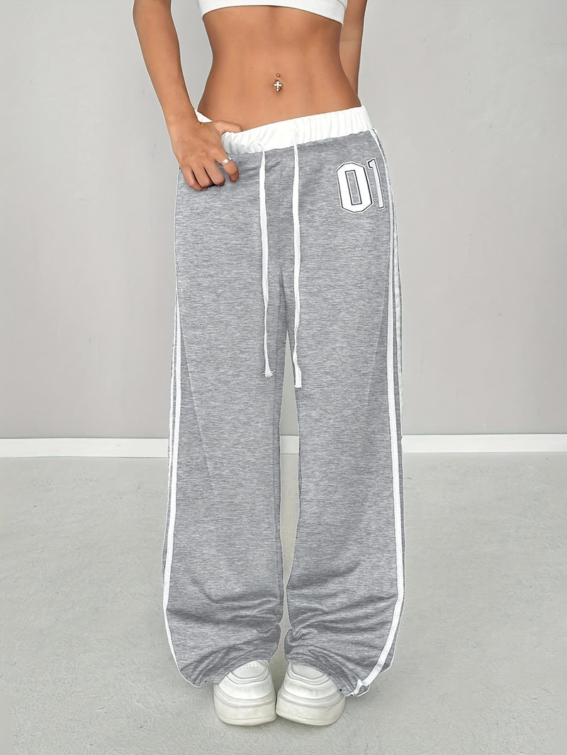 Women'S Color Block Number Print Belt Stitching Casual Street Loose Long Pants.