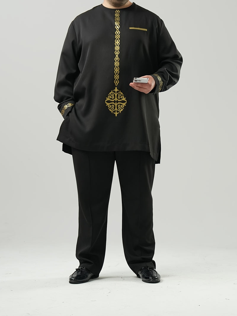 African Dashiki Men's Set, Long Sleeve, Button-Up, Stand Collar.