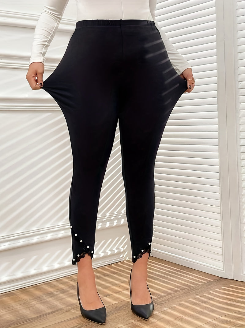 Women’s Elegant Solid Color Plus-Size Pants with Pearl Lace Trim.