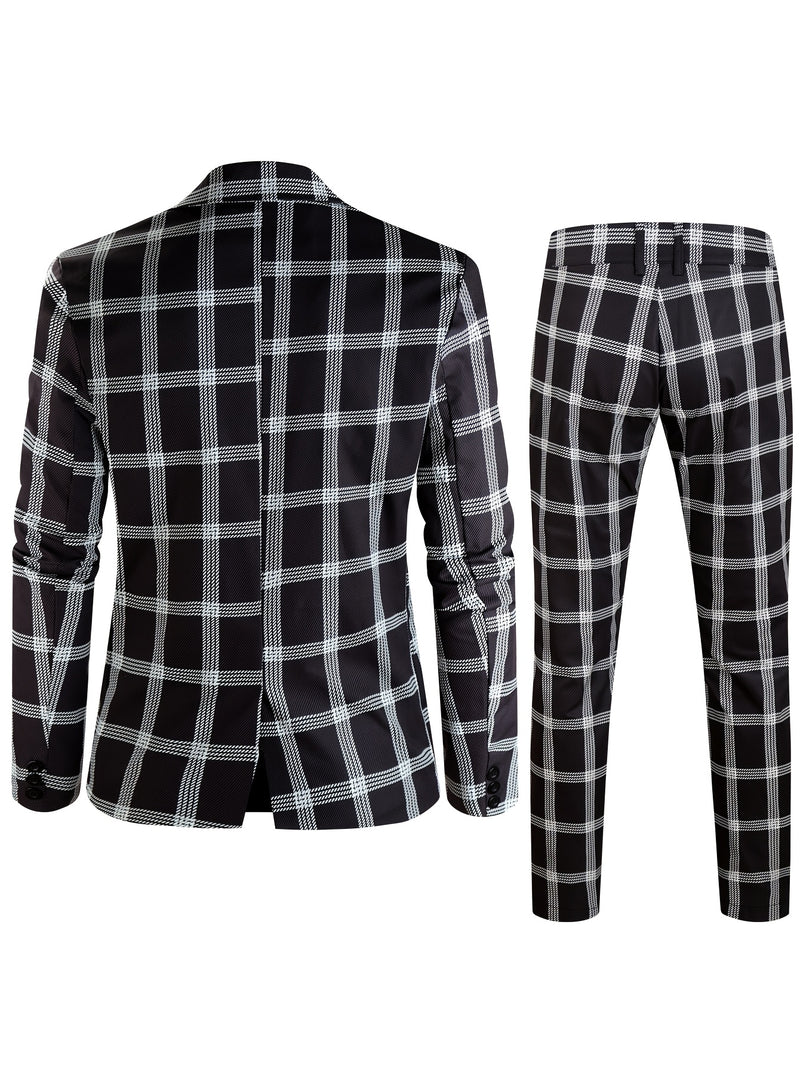 2pcs Men'S Casual Fashion Patchwork Plaid Suit | Non-Stretch Fabric.