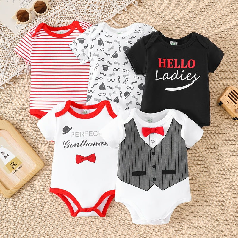 Newborn Baby Boy 5pcs Triangle Bodysuit Set, Summer Suitable for 0-12 Months.