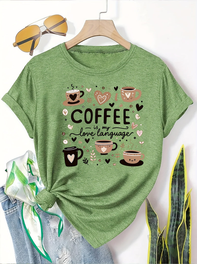 Elegant Women's Short-Sleeve T-Shirt with Coffee-Themed Prints.