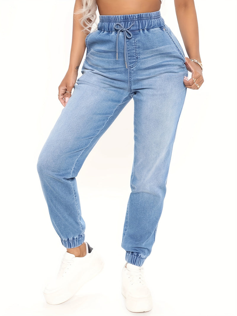 Women's Plus-Size Elastic Drawstring Tapered Jeans.