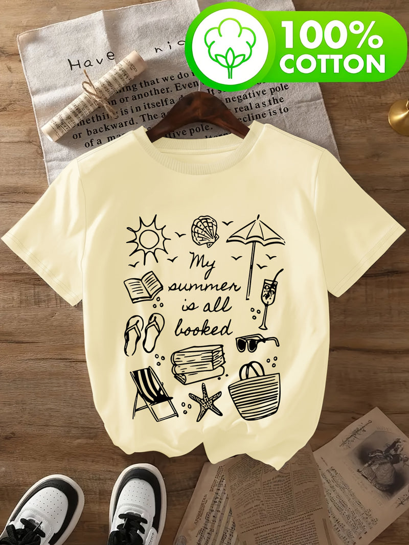 Women's Casual T-Shirt - Beach & Book Lovers Graphic Print.