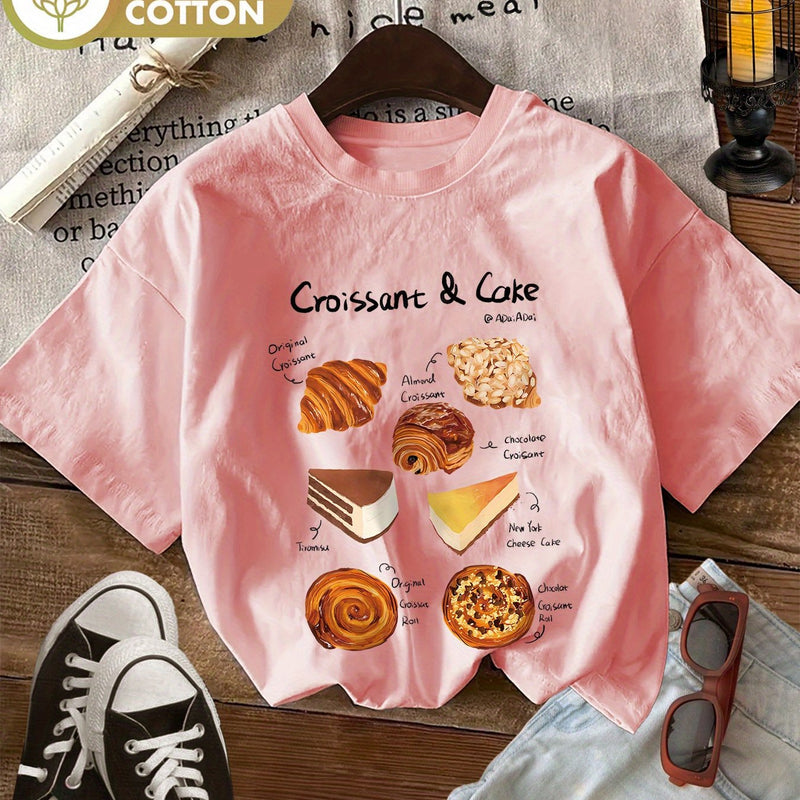 Women's Croissant & Cake Graphic T-Shirt.