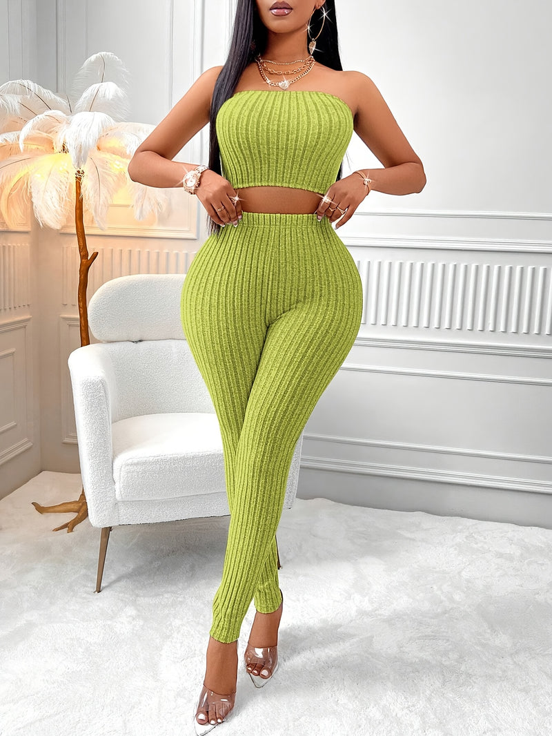 Women’s Solid Color Tube Top and Front Button Jacket and Leggings 3pcs Set.