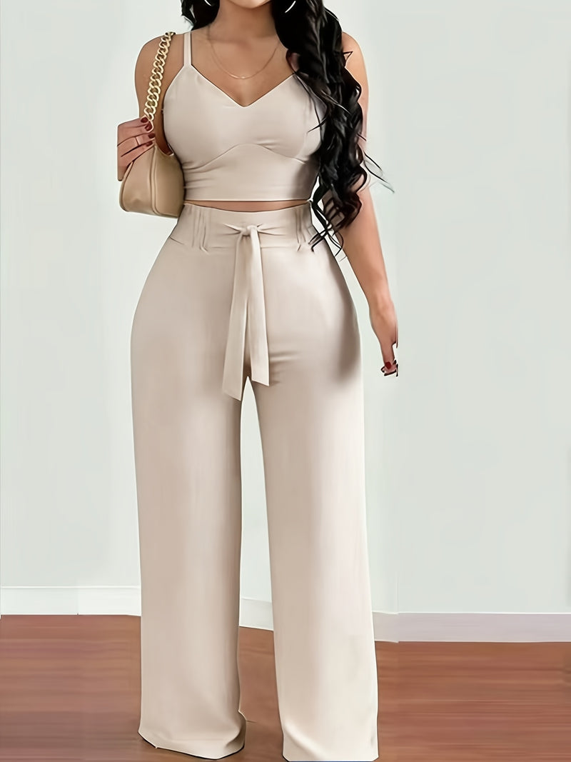 2-piece Women's Set with Thin Strap Stretch Camisole and Wide-leg Pants.