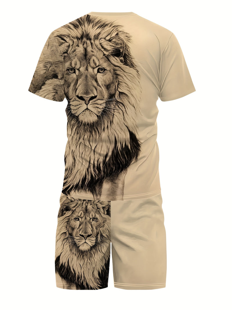Men's Casual Summer Fitness Outfit, Featuring a Lion Graphic T-Shirt.