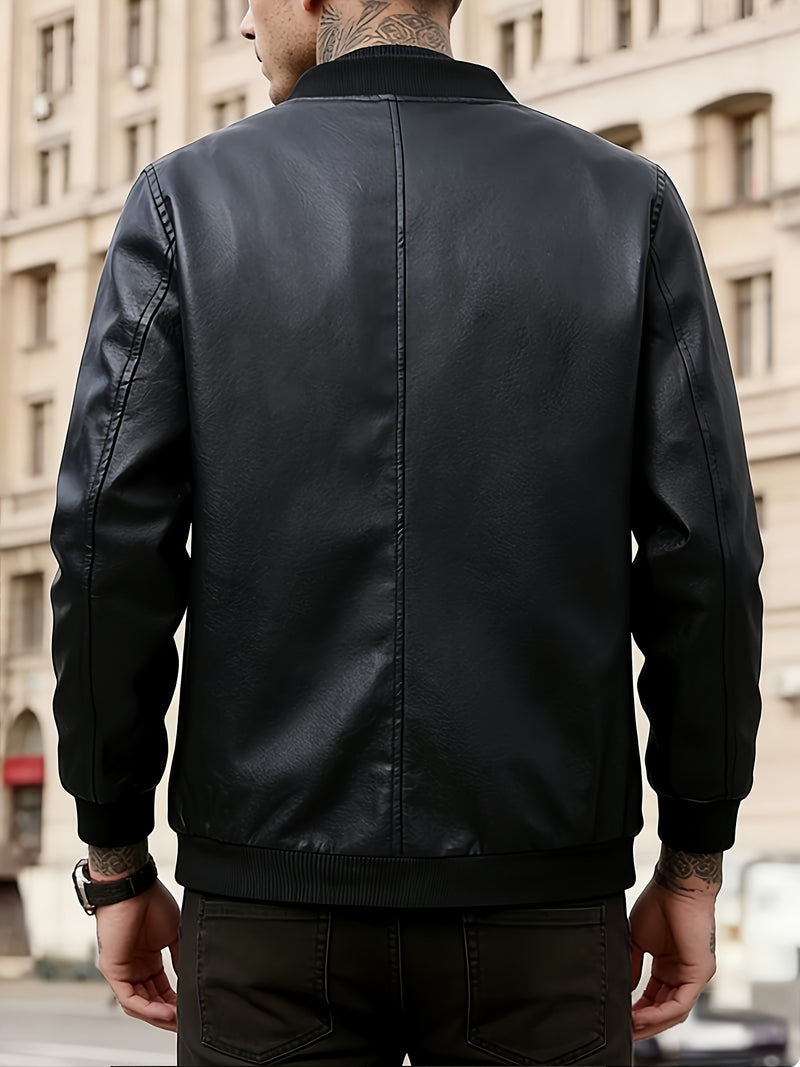 Men'S Fashionable Windproof Black Faux Leather Jacket | Zipper Closure.