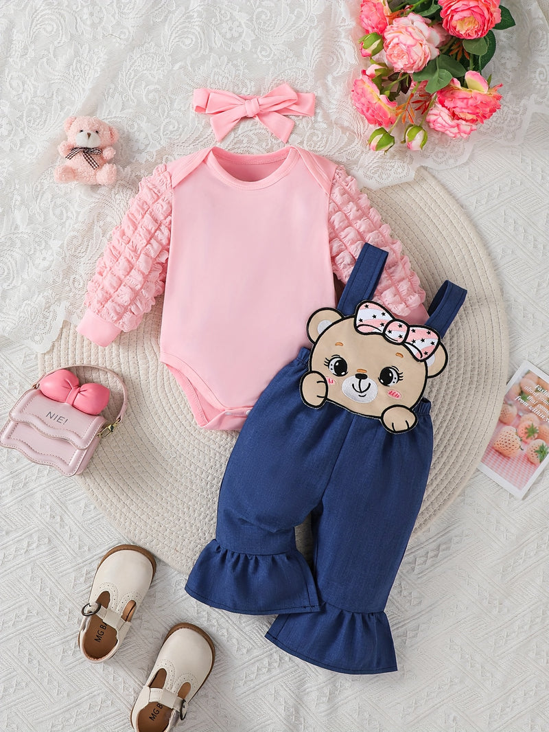 Hibobi 3pcs Denim Jumper Set with Bear Motifs for Baby Girls.