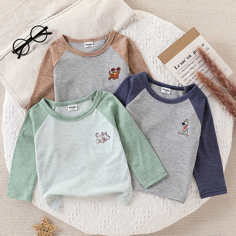 3pcs Pack Baby Animal Embroidered Long Sleeve T-Shirts.