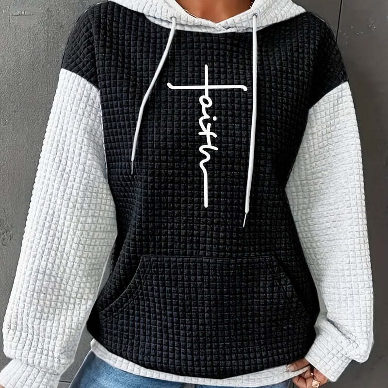 Women's Casual Oversized Hoodie with Checkered Texture & Letter Print.