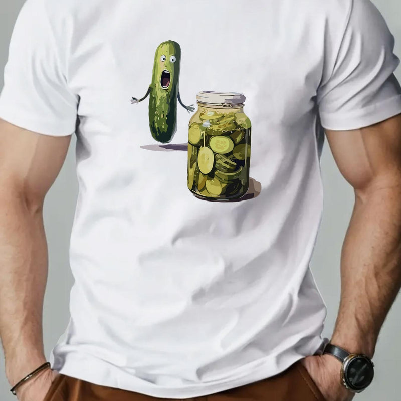 Men's Playful Pickle & Cucumber Jar Graphic T-Shirt.