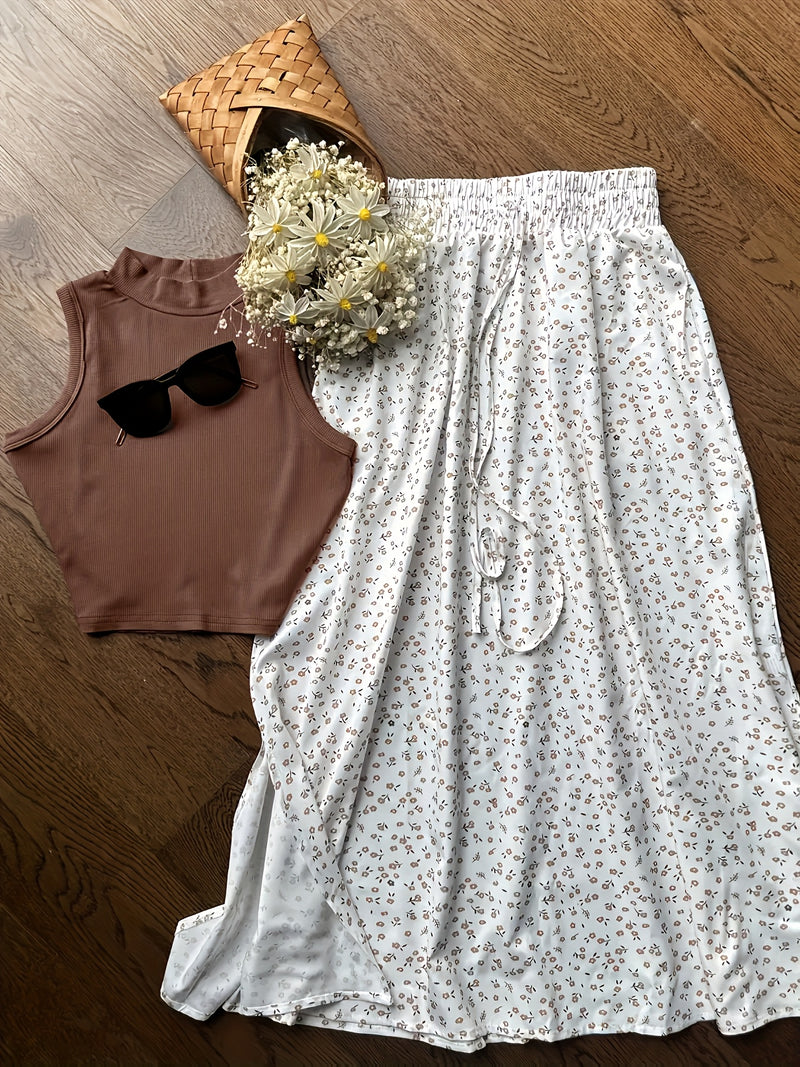 Women's Solid Color Sleeveless Top with Ribbed and Floral Skirt 2pcs Set.