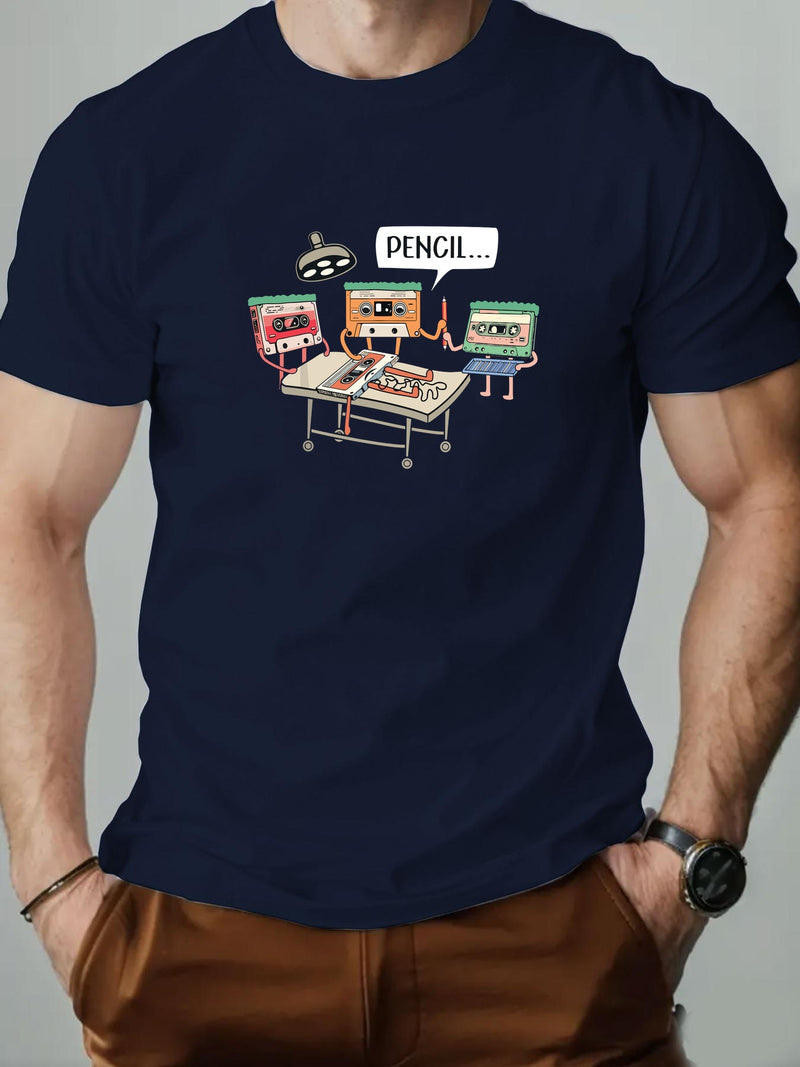 Men's Summer Casual Crew Neck Short Sleeve T-Shirt with Tape Pattern.