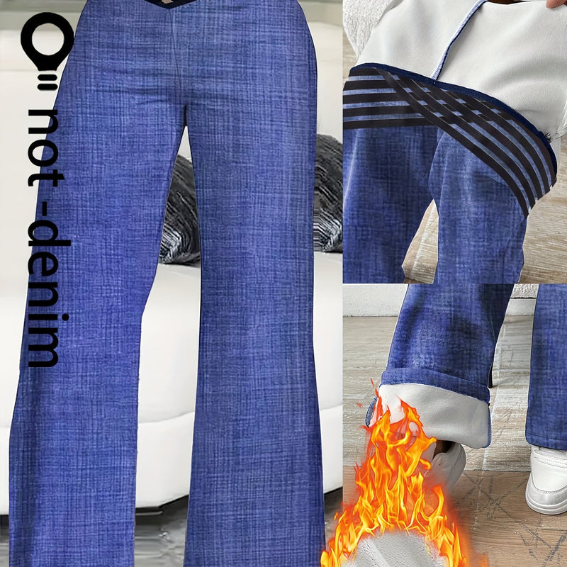 Women's Wide-Leg Long Pants with a Faux Denim Print.