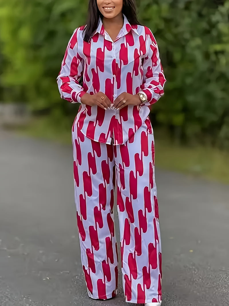 Women's Spring Summer Autumn Casual Button Long Sleeve Shirt Wide Leg Pants.