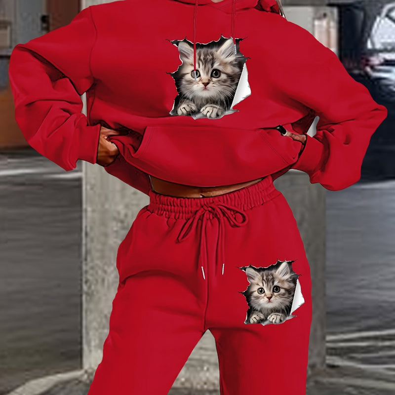 Women's Polyester Hooded Tracksuit with Cat Print.