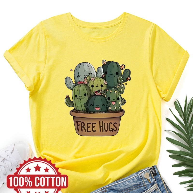 Women's "Free Hugs" Slogan T-Shirt.