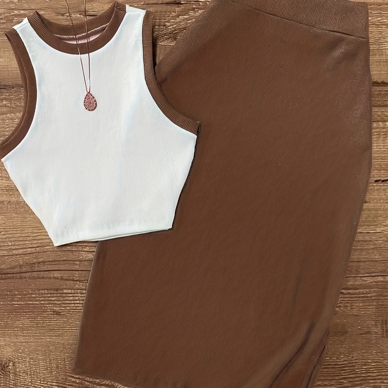 Women's Sleeveless Waistcoat and Split Skirt Set.