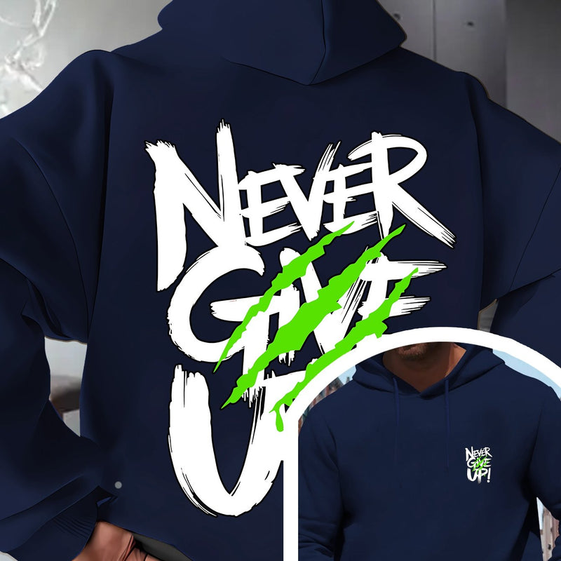 Men's Red Hoodie with "Never Give Up" Print.