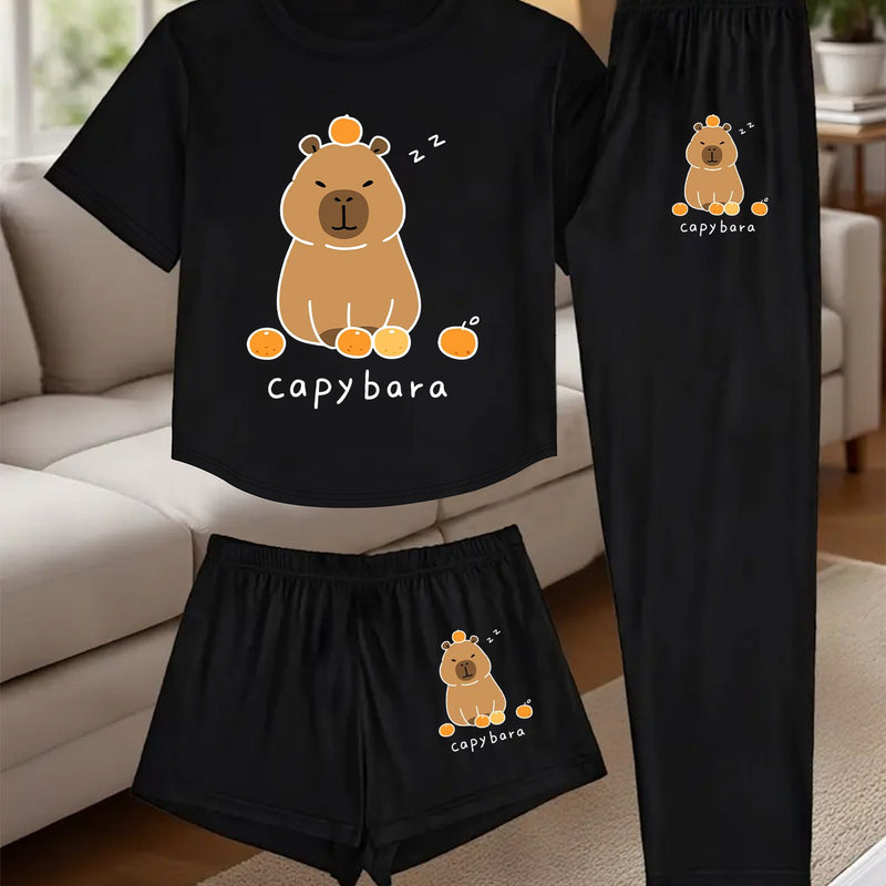 A Three-Piece Women's Loungewear Set, Featuring a Printed Design.