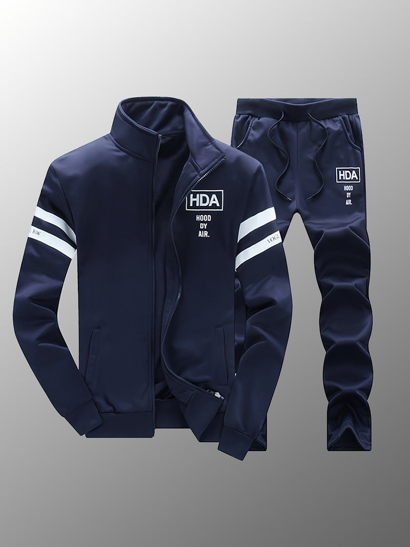 Men's Tracksuits 2pcs Set - Stand Collar Ribbed Hem Sportswear.