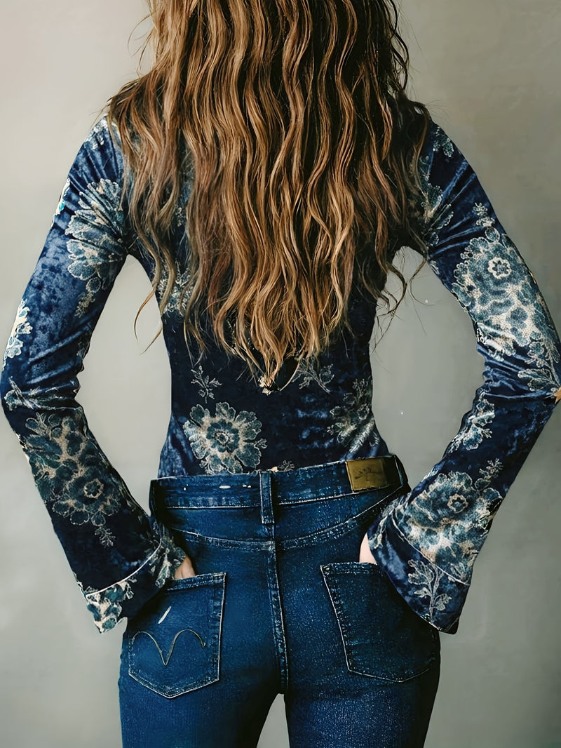 Women's Vintage Blue Floral Velvet Blouse, Lace Bell Sleeve Deep V-Neck Top.