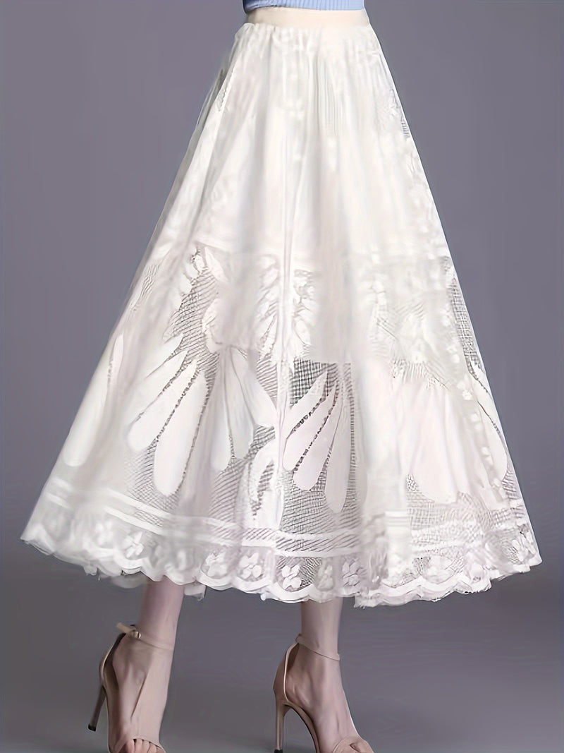 Elegant Women's A-Line Lace Skirt - Long Pleated Design.