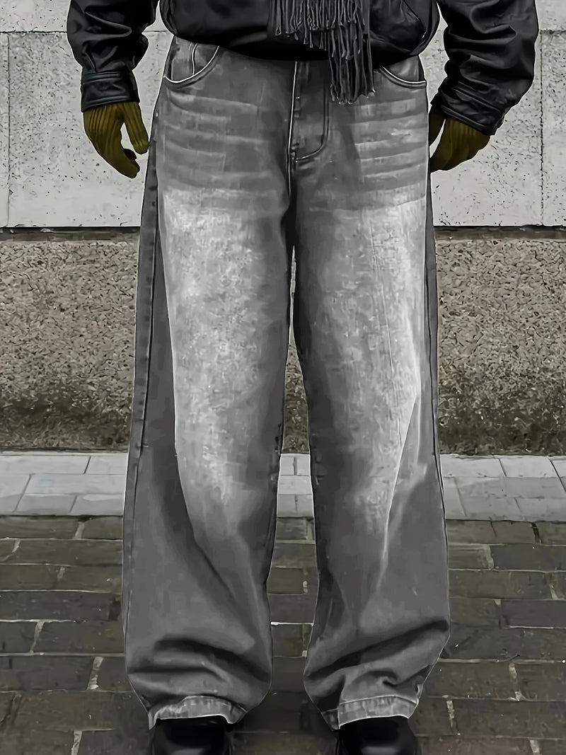 Men's Black Wide-Leg Loose-Fitting Jeans That Drag on The Ground.