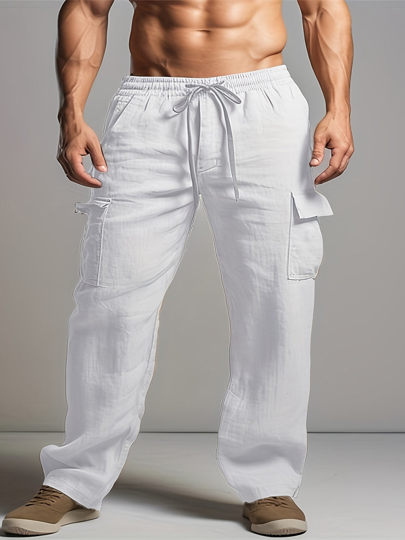 Linen Drawstring Elastic Waist Multi-Pocket Casual Long Pants.