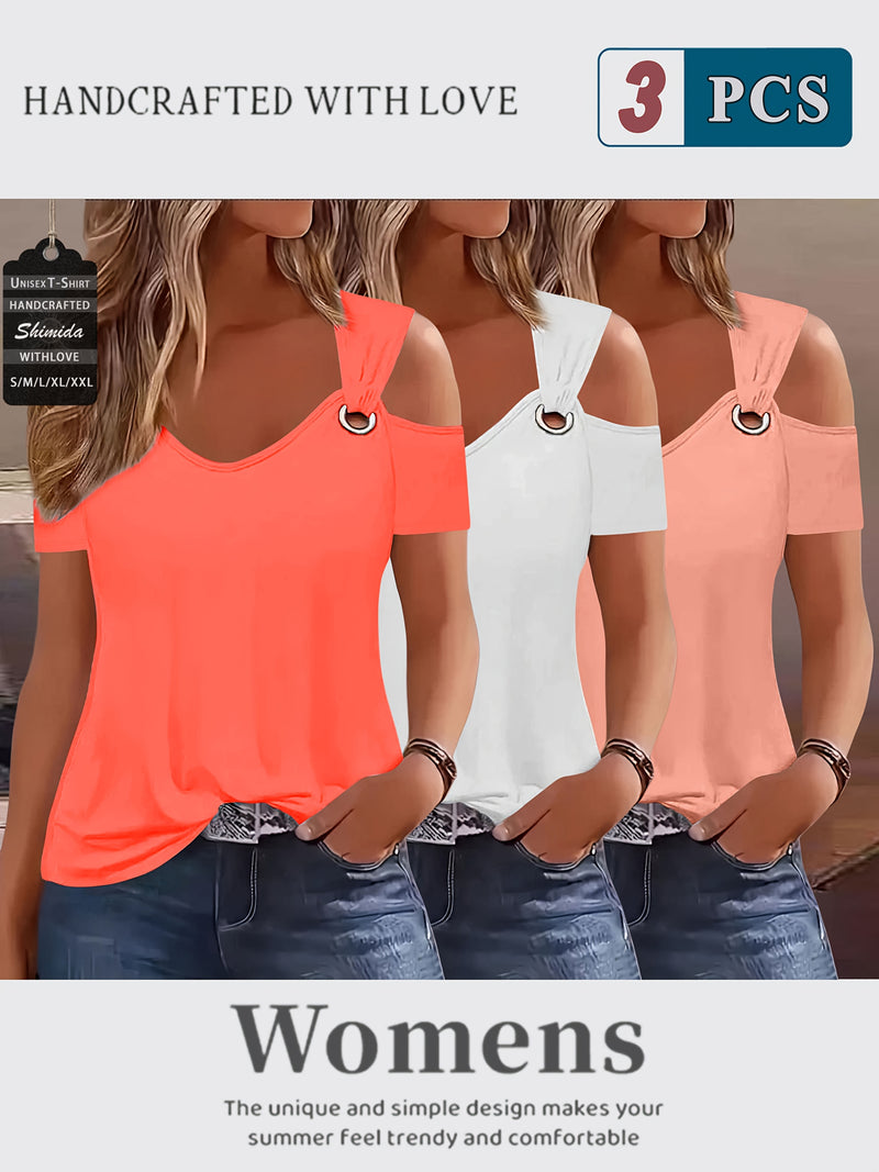 Three-Piece Summer Off-Shoulder Short-Sleeve T-Shirt for Women.