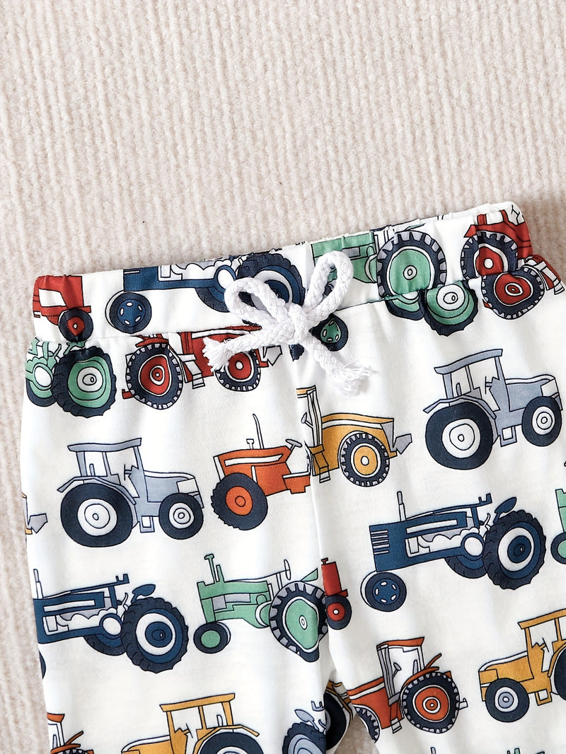Boys' Cute Cartoon Tractor All-Over Print Romper and Comfortable Pants.