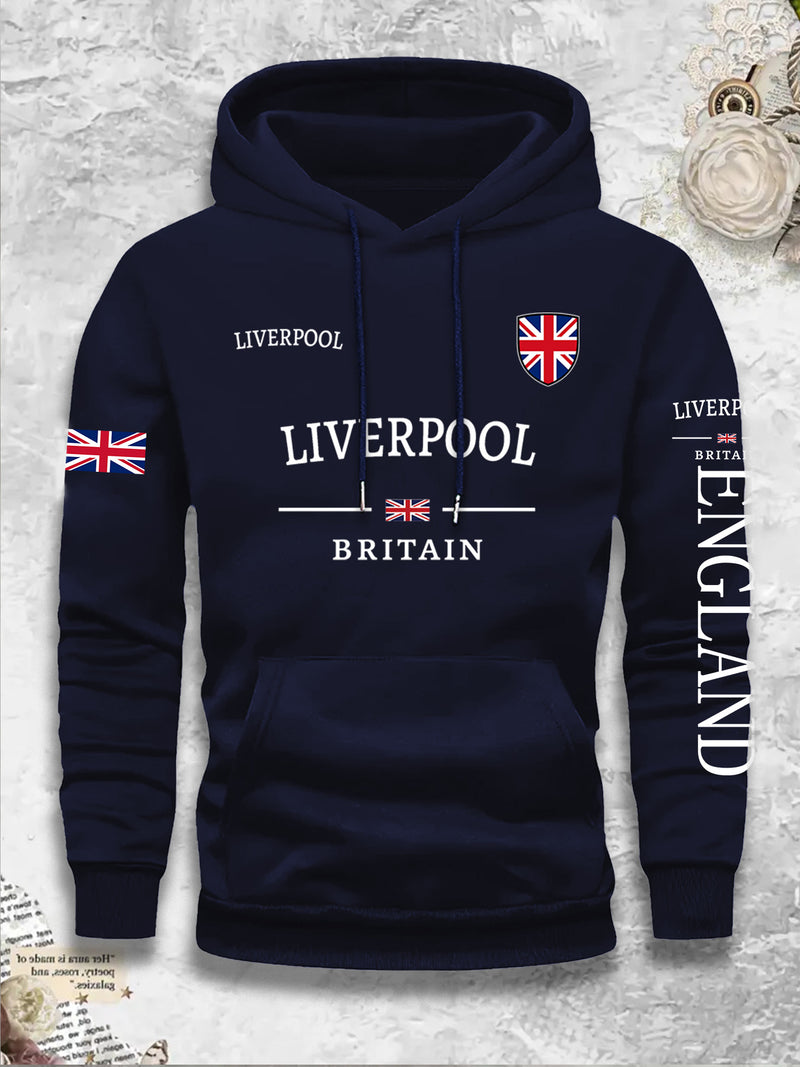 Men's Casual Versatile -Lined Hooded Sweatshirt with British Flag Print.