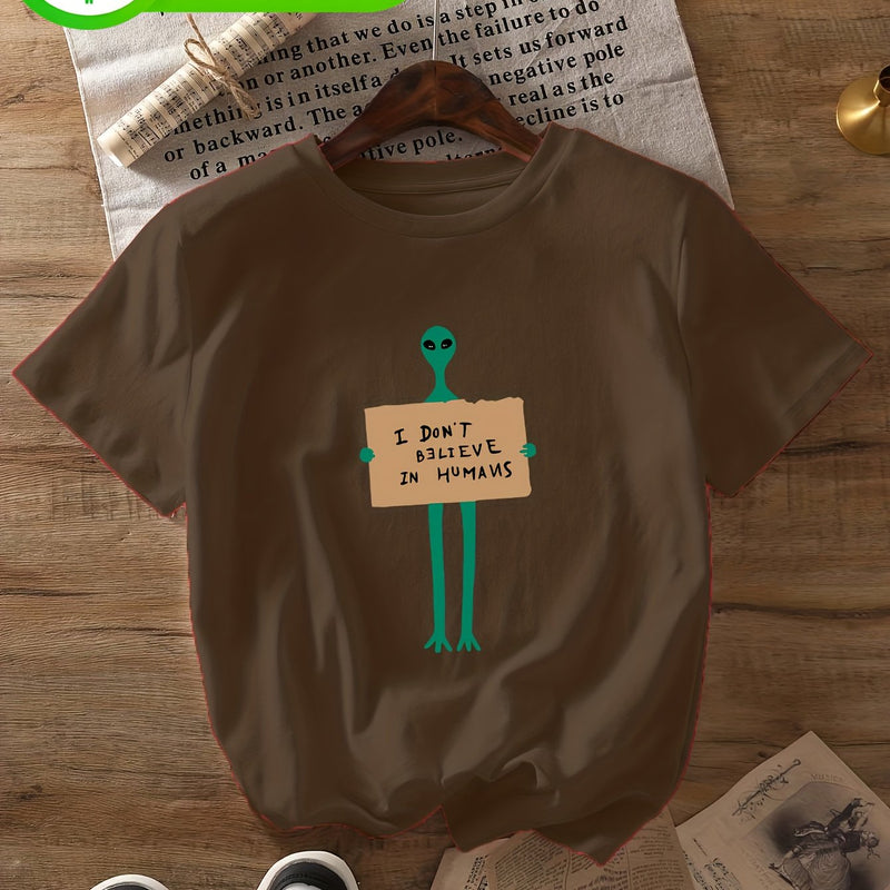 Women's Alien & "I Don't Believe in Humans" Slogan T-Shirt.